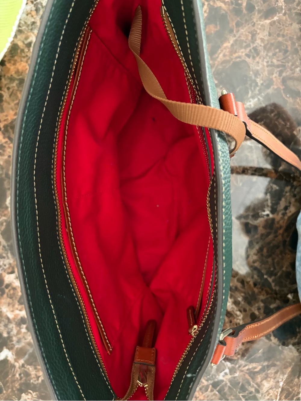 Dooney & Bourke Forest Green Pebbled Leather Tote with Brown Trim - Picture 6 of 8
